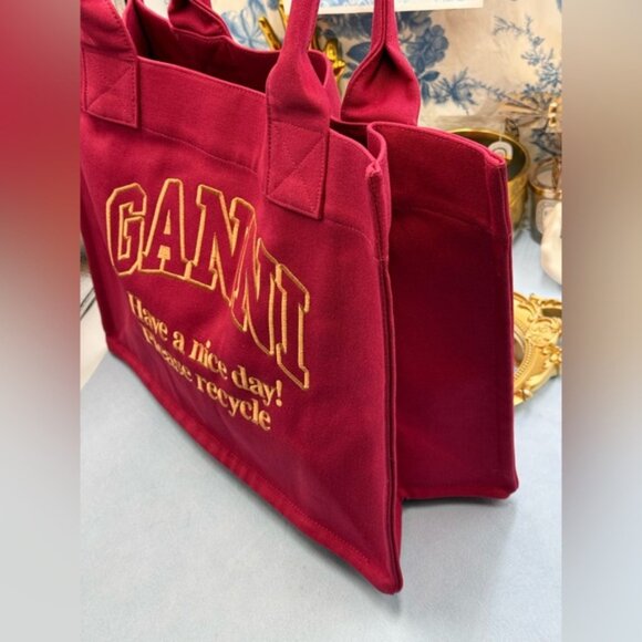 🆕 GANNI 🧿 NWOT Large Easy Shopper, Burgundy Cotton & Yellow Embroidery - Picture 4 of 12